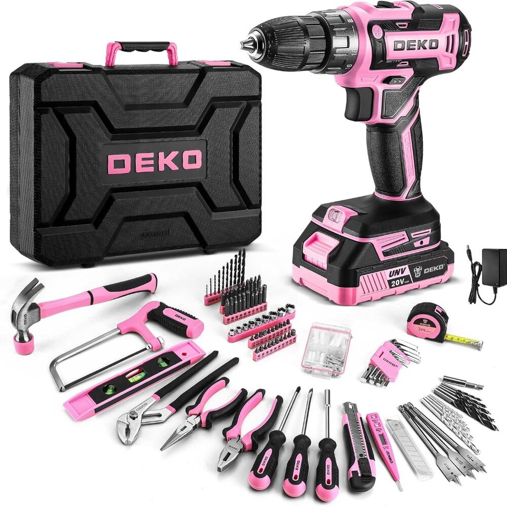 Pink Drill Tool Kit Set: 20v Cordless Power Drill Tool Box With Battery Electric